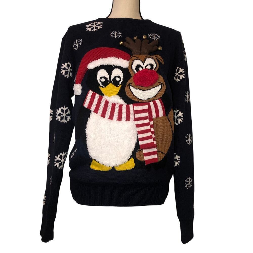 Christmas Sweater Penguin Reindeer Snowflakes Size M Mens Blue Jumper Textured